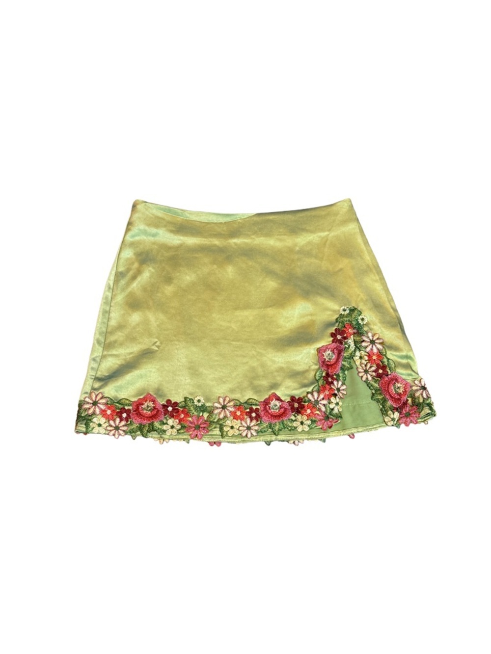 Princess Polly Pale Green Satin Mini Skirt with Pink Floral Trim. 6 NWT